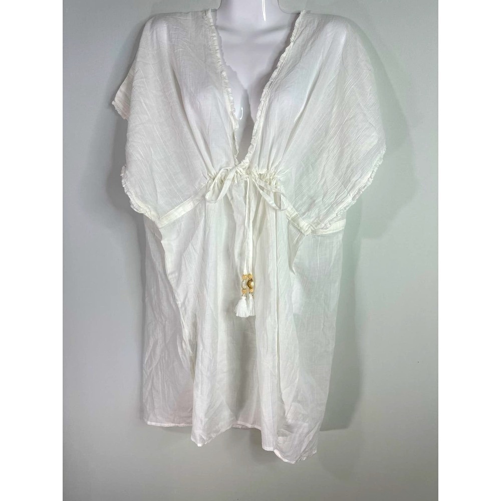 Aerie Women's Beach Coverup Top V Neck Tassel Front White XS NWT